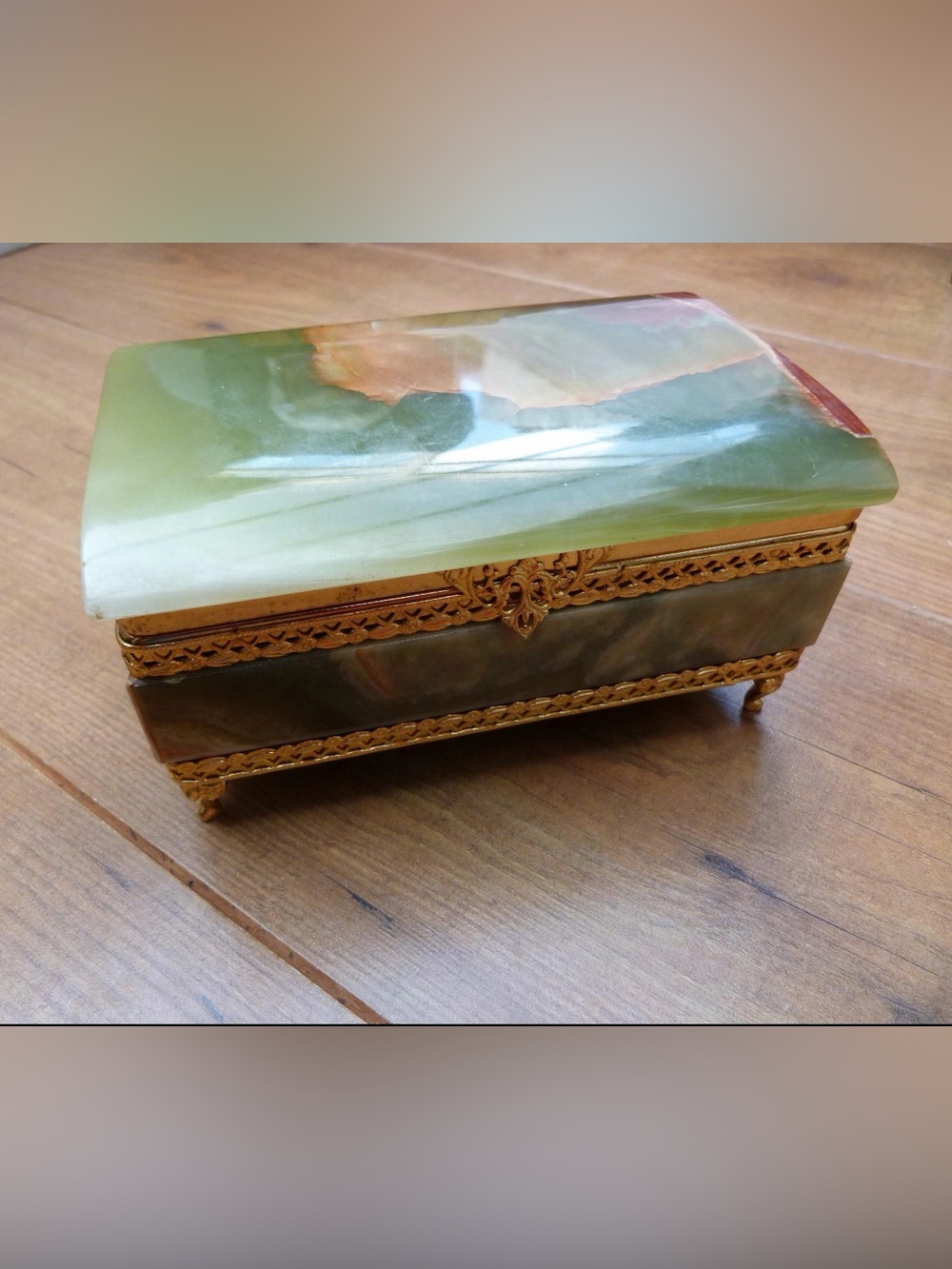 Vintage Ornate Green Onyx Marble Trinket Box with brass trim and feet